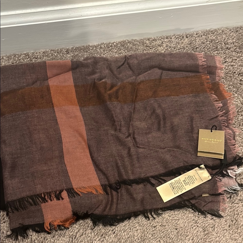 Burberry Black, Burgundy, Orange and Pink Accent Scarf